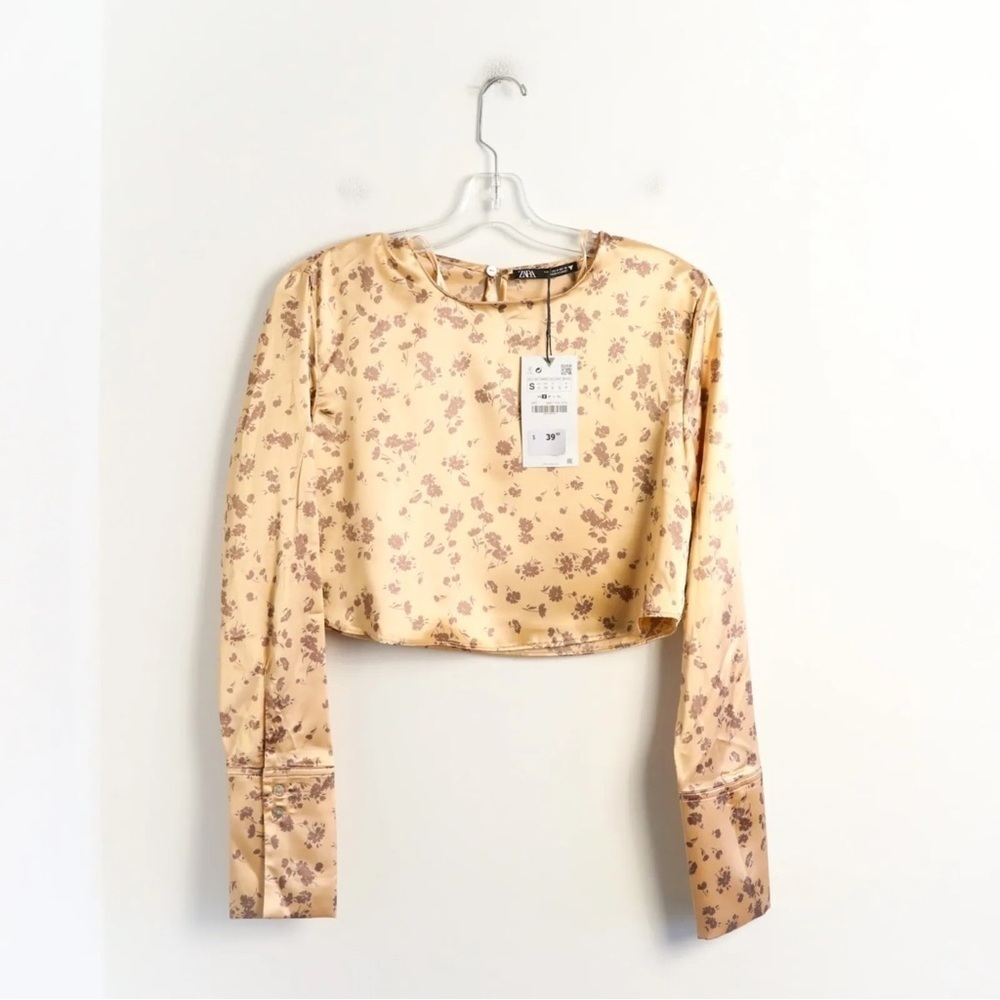 NWT Zara crop floral print top satin blouse 3067419674 peach pastel blouse fairy - Picture 2 of 8